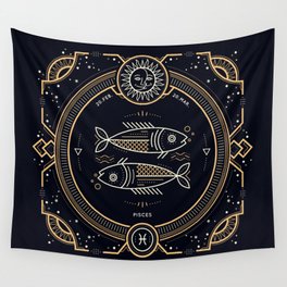 Pisces Zodiac Golden White on Black Background Wall Tapestry