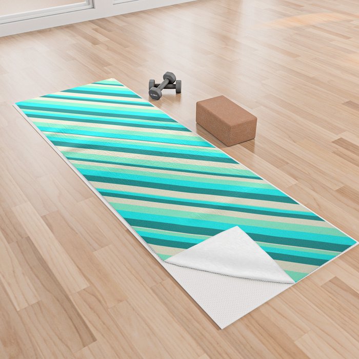 Aquamarine, Cyan, Dark Cyan, and Beige Colored Lined/Striped Pattern Yoga Towel