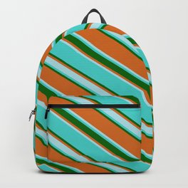 [ Thumbnail: Turquoise, Dark Green, Chocolate & Powder Blue Colored Lines Pattern Backpack ]