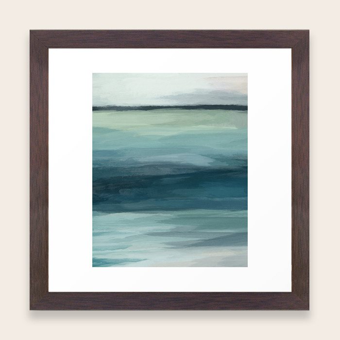 Seafoam Green Mint Navy Blue Abstract Ocean Art Painting Framed