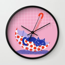 Umbrella Cat Wall Clock | Meow, Kitty, Pet, Umbrella, Cat, Animal, Funny, Cute Cat, Drawing, Polka Dot 