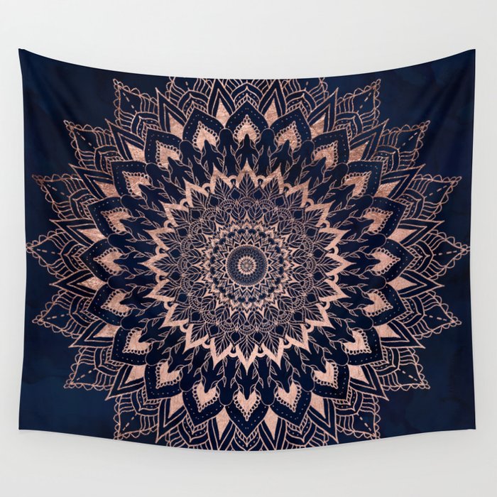 Boho rose gold floral mandala on navy blue watercolor Wall Tapestry