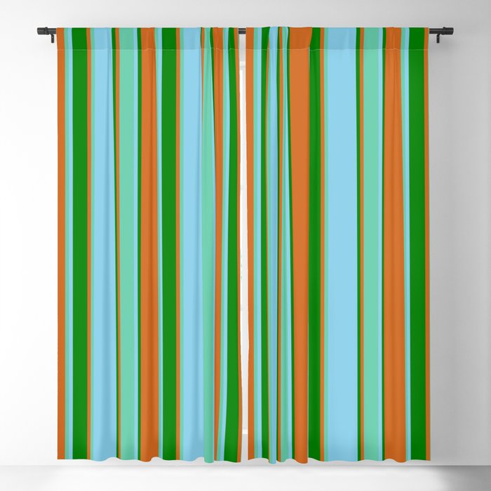 Chocolate, Aquamarine, Sky Blue & Green Colored Stripes Pattern Blackout Curtain