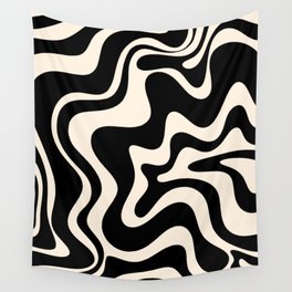 Retro Liquid Swirl Abstract in Black and Almond Cream  Wall Tapestry