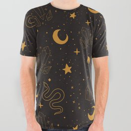 Black and Gold Celestial Witchy Pattern All Over Graphic Tee