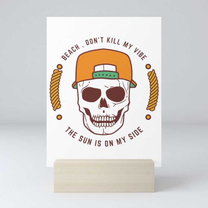 Cool Skull With Orange CAP - Quote Beach Vibes Sun  Mini Art Print