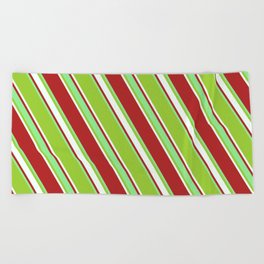 [ Thumbnail: Red, Light Green, Green & Mint Cream Colored Lines Pattern Beach Towel ]