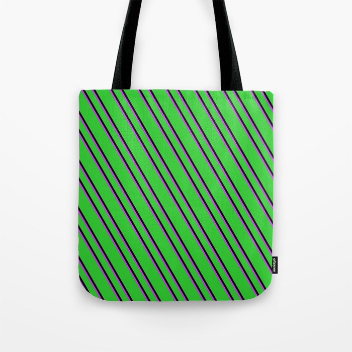 Lime Green, Black, and Orchid Colored Stripes Pattern Tote Bag