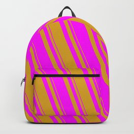 [ Thumbnail: Goldenrod and Fuchsia Colored Lined/Striped Pattern Backpack ]