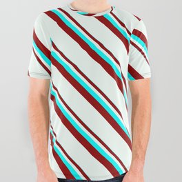 [ Thumbnail: Cyan, Dark Red & Mint Cream Colored Stripes Pattern All Over Graphic Tee ]