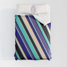 [ Thumbnail: Eye-catching Dark Slate Blue, Bisque, Turquoise, Blue, and Black Colored Lined/Striped Pattern Comforter ]