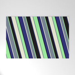 [ Thumbnail: Vibrant Slate Gray, Beige, Midnight Blue, Black, and Green Colored Stripes/Lines Pattern Welcome Mat ]