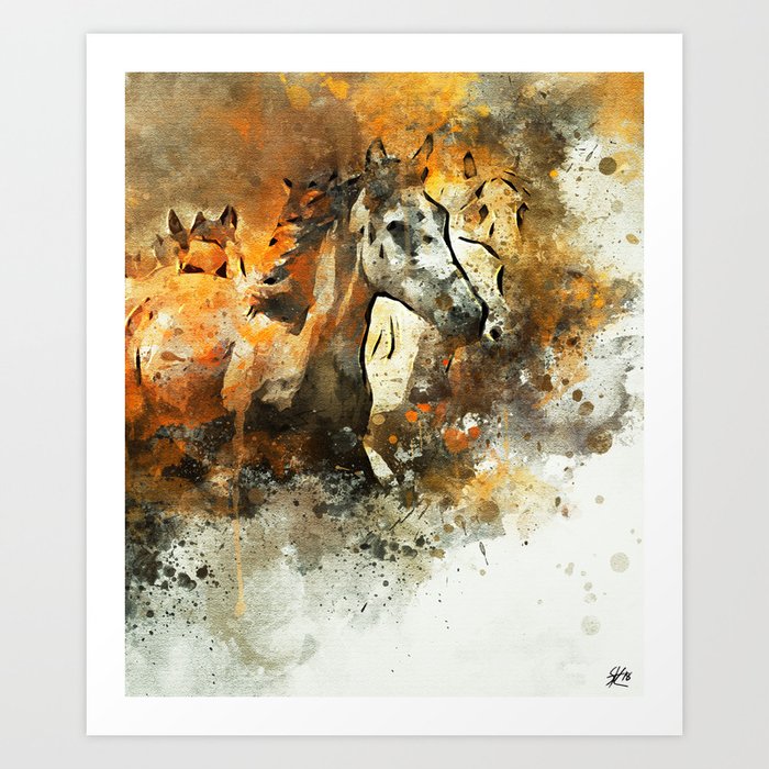 Watercolor Galloping Horses On Raw Canvas Splatter Painting Art Print By Steelartstudios Society6