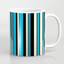 [ Thumbnail: Deep Sky Blue, Dark Slate Gray, Light Yellow & Black Colored Striped/Lined Pattern Coffee Mug ]