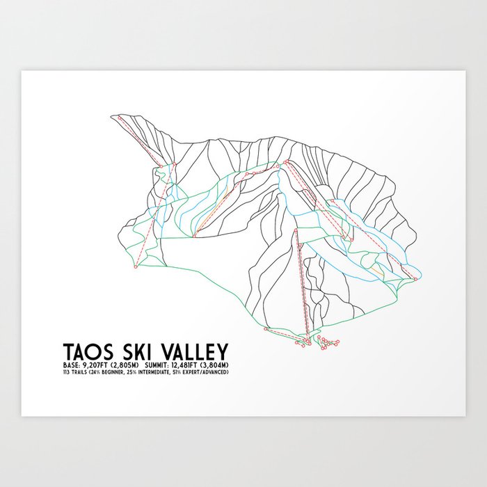 Taos Ski Valley, NM - Minimalist Trail Map Art Print