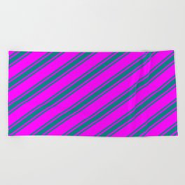[ Thumbnail: Fuchsia and Teal Colored Stripes Pattern Beach Towel ]