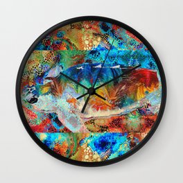 Beachy Colorful Sea Turtle Art by Sharon Cummings Wall Clock