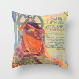 Salon Automobile de France - Ancient old retro vintage club colorful illustration   Throw Pillow