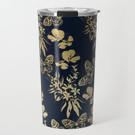 Exotic Floral and Butterfly Art Navy and Gold Travel Mug
