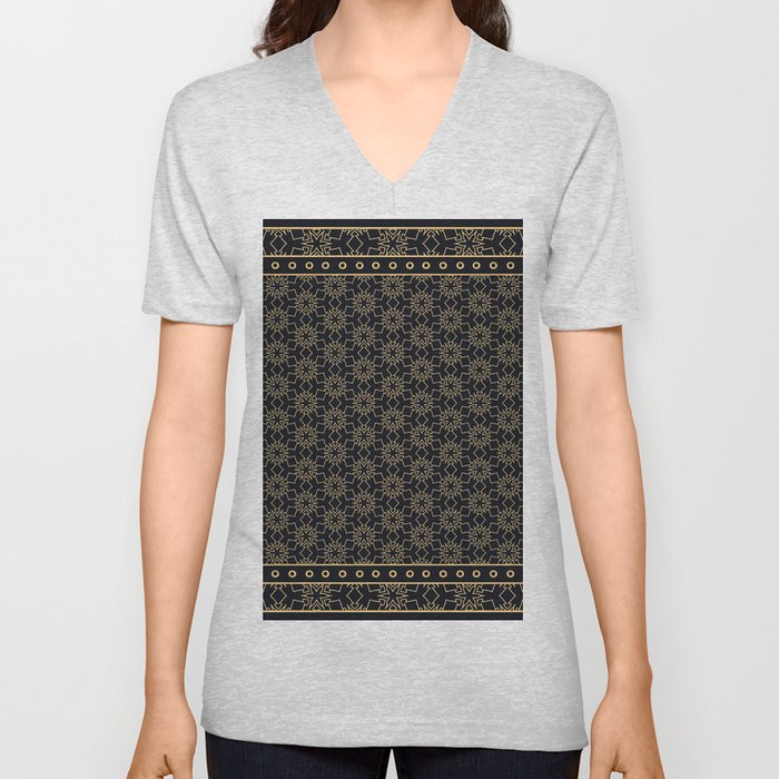 Black and gold abstract graphic pattern. Geometric ornament with frame, border. Line art, lace, embroidery background. Bandanna, shawl, scarf, tablecloth design V Neck T Shirt