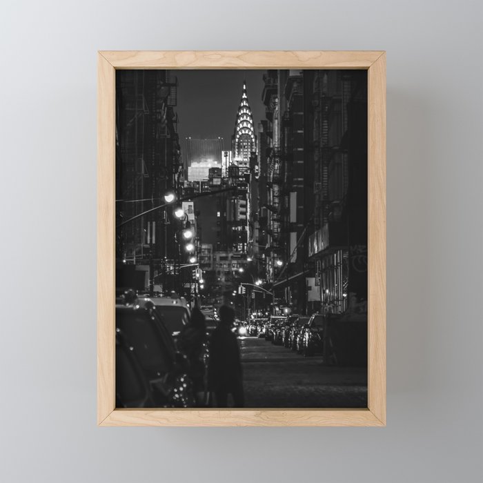 New York City Manhattan skyline at night in SoHo black and white Framed Mini Art Print