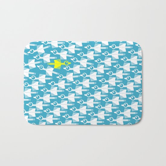 Blue and White Bird Pattern Bath Mat