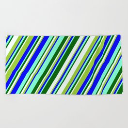 [ Thumbnail: Eyecatching Green, Blue, Aquamarine, Dark Green, and Mint Cream Colored Stripes Pattern Beach Towel ]