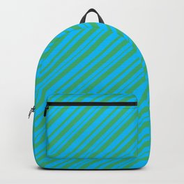 [ Thumbnail: Deep Sky Blue & Sea Green Colored Stripes Pattern Backpack ]