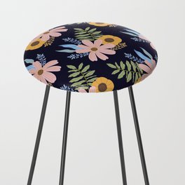 Soft Pink and Buttermilk Yellow Floral Pattern Navy Blue Background Counter Stool