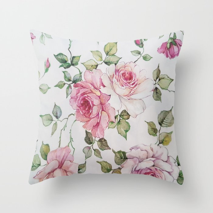 Hand painted blush pink forest green floral Throw Pillow