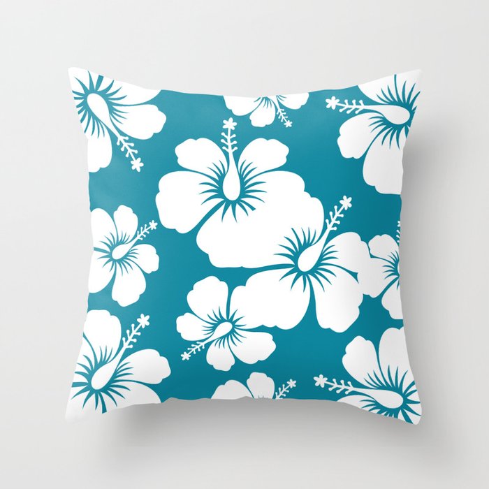 Aloha Hibiscus Turquoise White Throw Pillow by Hawaiian Surf Design Society6