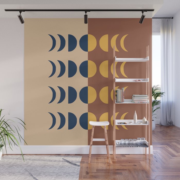 Moon Phases 7 in Shades of Terracotta Beige Gold Navy Blue Wall Mural