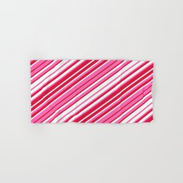 [ Thumbnail: Hot Pink, Crimson, and Mint Cream Colored Stripes/Lines Pattern Hand & Bath Towel ]