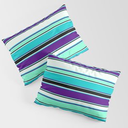[ Thumbnail: Mint Cream, Dark Turquoise, Indigo, Aquamarine, and Black Colored Striped/Lined Pattern Pillow Sham ]