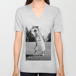Audrey Hepburn Playing Golf, Black and White Vintage Art V Neck T Shirt