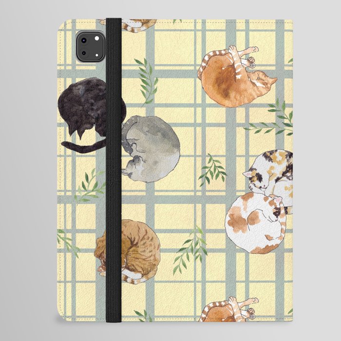 Sleeping Cats Pattern/Hand-drawn in Watercolour/Yellow Check Background iPad Folio Case