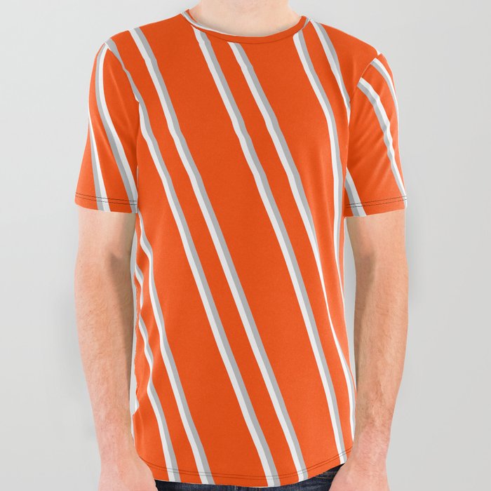 Red, Grey, and White Colored Striped/Lined Pattern All Over Graphic Tee