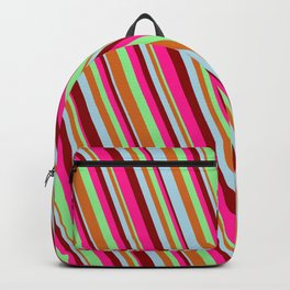 [ Thumbnail: Eye-catching Deep Pink, Light Green, Chocolate, Light Blue & Dark Red Colored Lines/Stripes Pattern Backpack ]