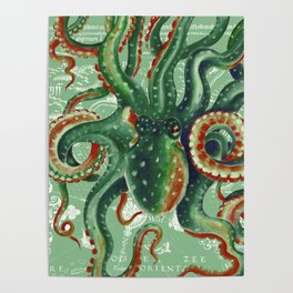 Octopus Tentacles Green Vintage Map Nautical Beach Marine Poster