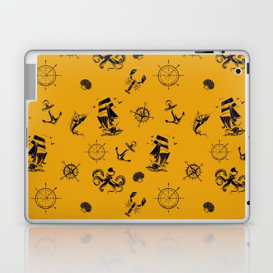 Mustard And Blue Silhouettes Of Vintage Nautical Pattern Laptop & iPad Skin