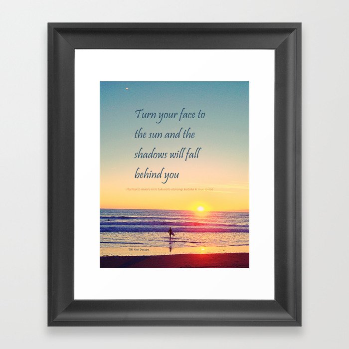 Turn your Face to the Sun and the Shadows will Fall Behind You - Maori Wisdom  - Surfer at Sunrise Framed Art Print