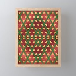 Gold Hearts on a Red Shiny Background with Green Crisscross  Diamond Lines Framed Mini Art Print