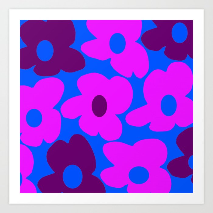 Large Pink and Purple Retro Flowers Blue Background #decor #society6 #buyart Art Print