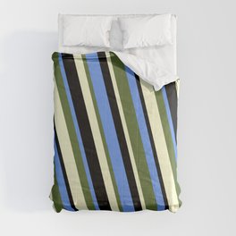 [ Thumbnail: Cornflower Blue, Dark Olive Green, Light Yellow, and Black Colored Lines/Stripes Pattern Comforter ]