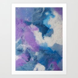 Purple, Blue, and White Abstract Art Fluid Acrylic Background Graphic Resource on Canvas, Cracked Paint Texture Art Print