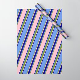 [ Thumbnail: Cornflower Blue, Green, Pink & Dark Blue Colored Striped/Lined Pattern Wrapping Paper ]