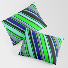 [ Thumbnail: Colorful Black, Lime, Dark Blue, Aquamarine, and Light Slate Gray Colored Lined Pattern Pillow Sham ]