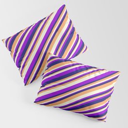 [ Thumbnail: Dark Violet, Midnight Blue, Brown, and Beige Colored Striped Pattern Pillow Sham ]