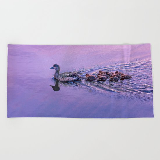 Ducklings floating at sunset Beach Towel