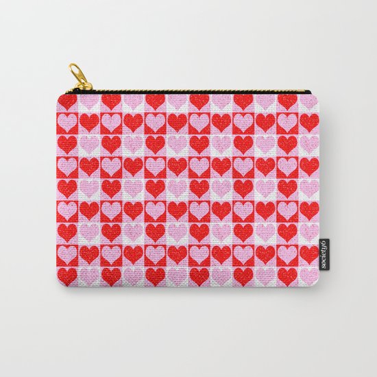 Love Heart Red Pink and White Check Pattern Carry-All Pouch